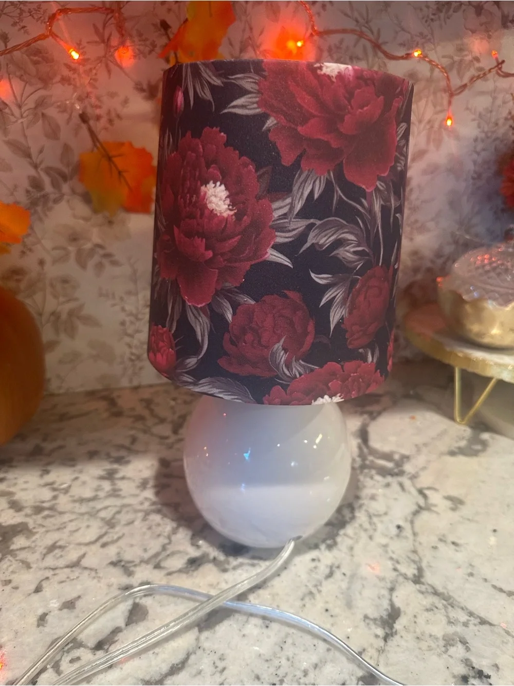White Ceramic Table Lamp with Red Floral Shade - Unbranded